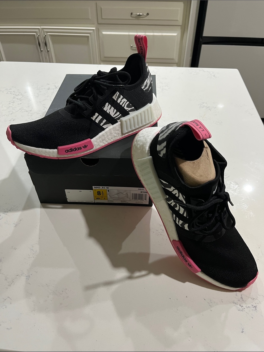 adidas Black White Pink Zebra Accent NMD_R1 Sneakers